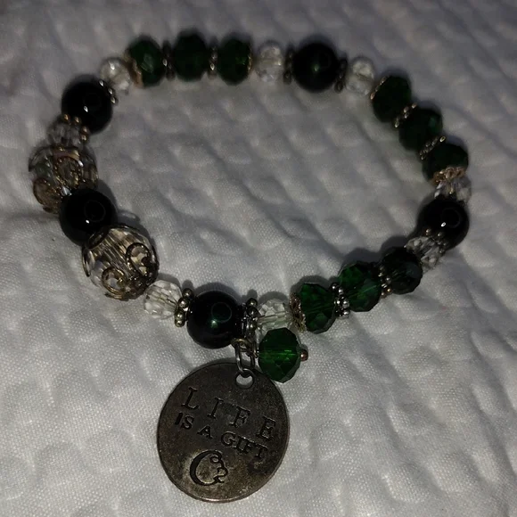 Green and Silver Beaded Bracelet with Charm - Picture 2 of 7